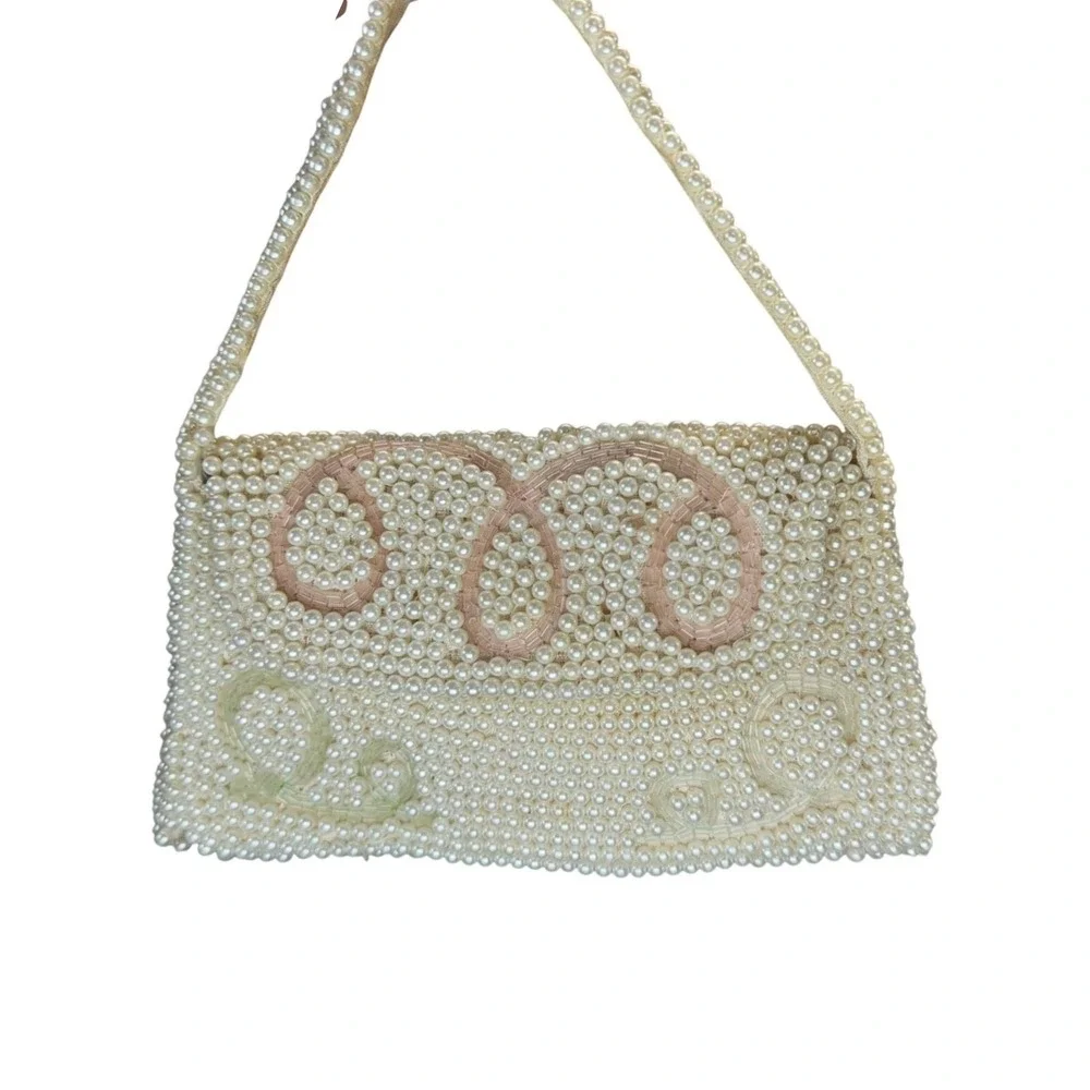 Vintage 1950s Emson made In Japan Beaded Purse White, Pink, Blue, Green Accent